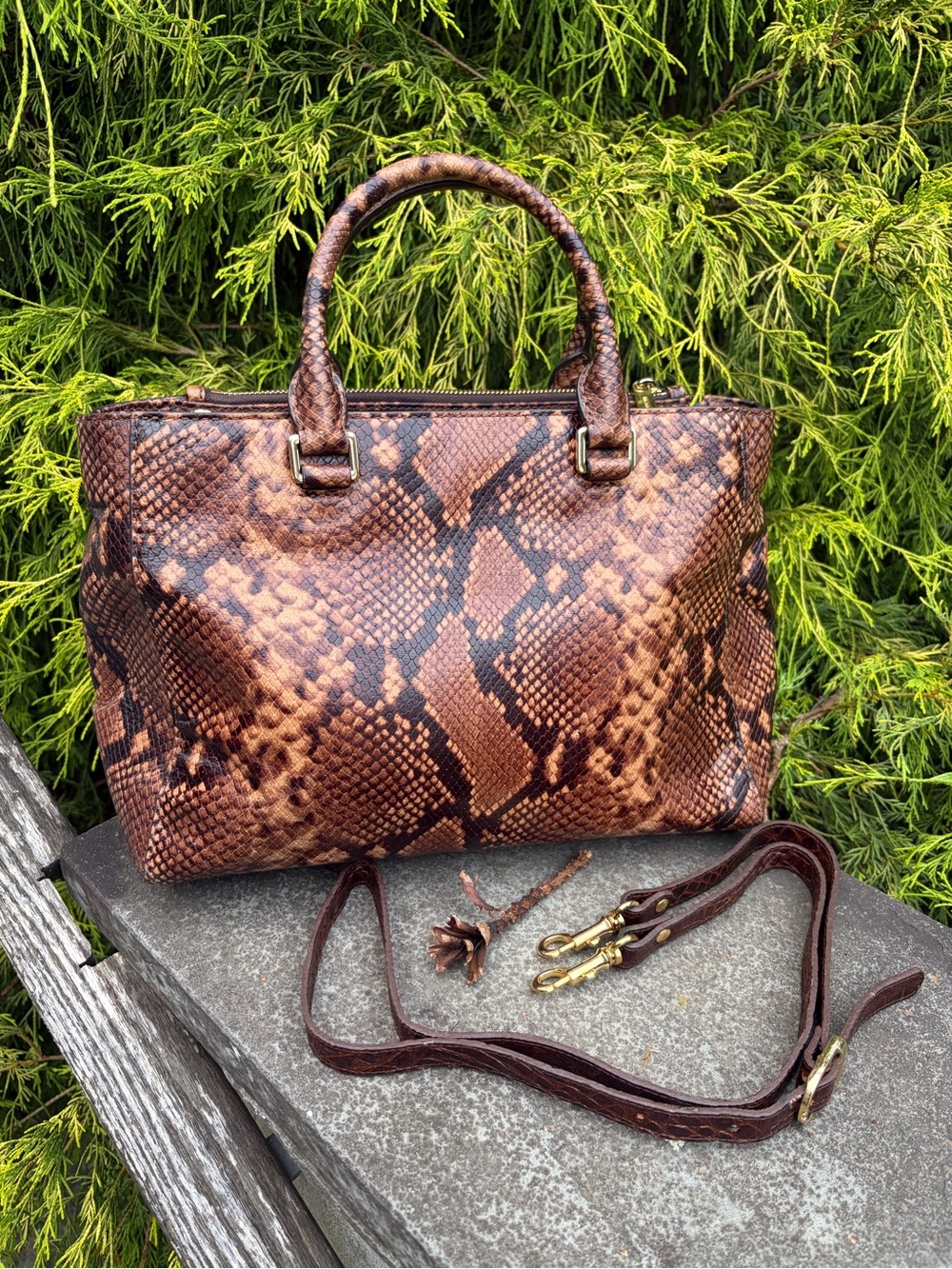 Michael Kors Brown Snakeskin Embossed Satchel Crossbody Brown Python Print - Picture 6 of 13